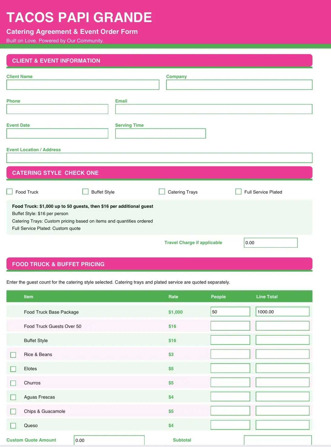 Catering Options and Prices Contract