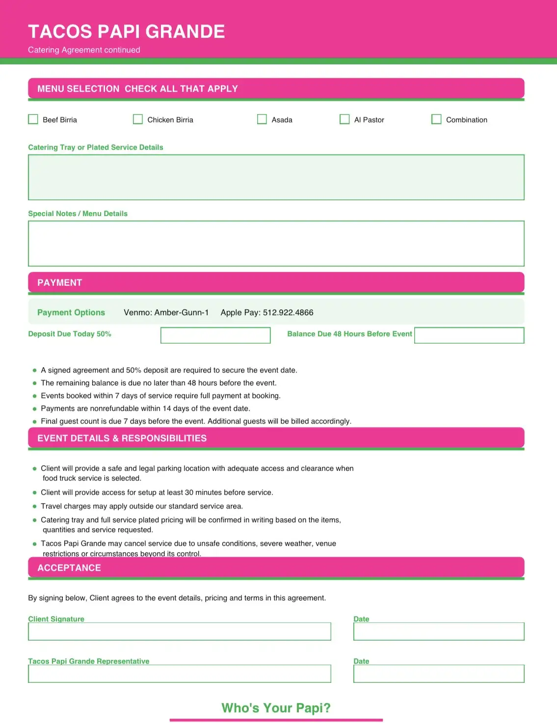 Catering Prices and Options Contract